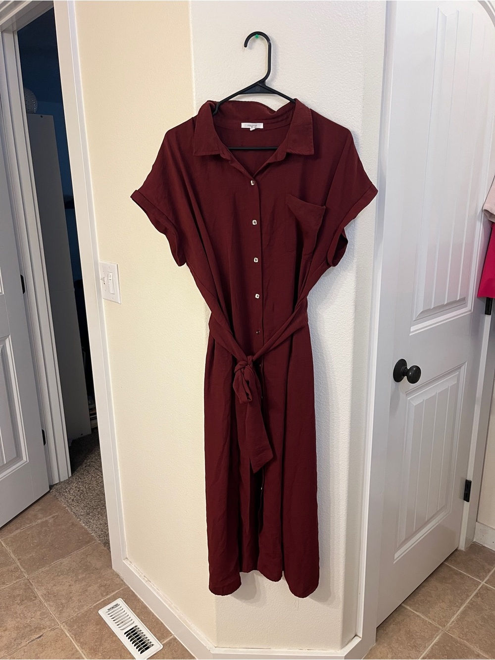 Maurices Burgundy Button-Front Midi Shirt Dress with Tie Waist
